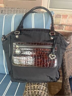 Brighton Black Nylon Tote with Brown Croc-Texture Trim and Heart Charm